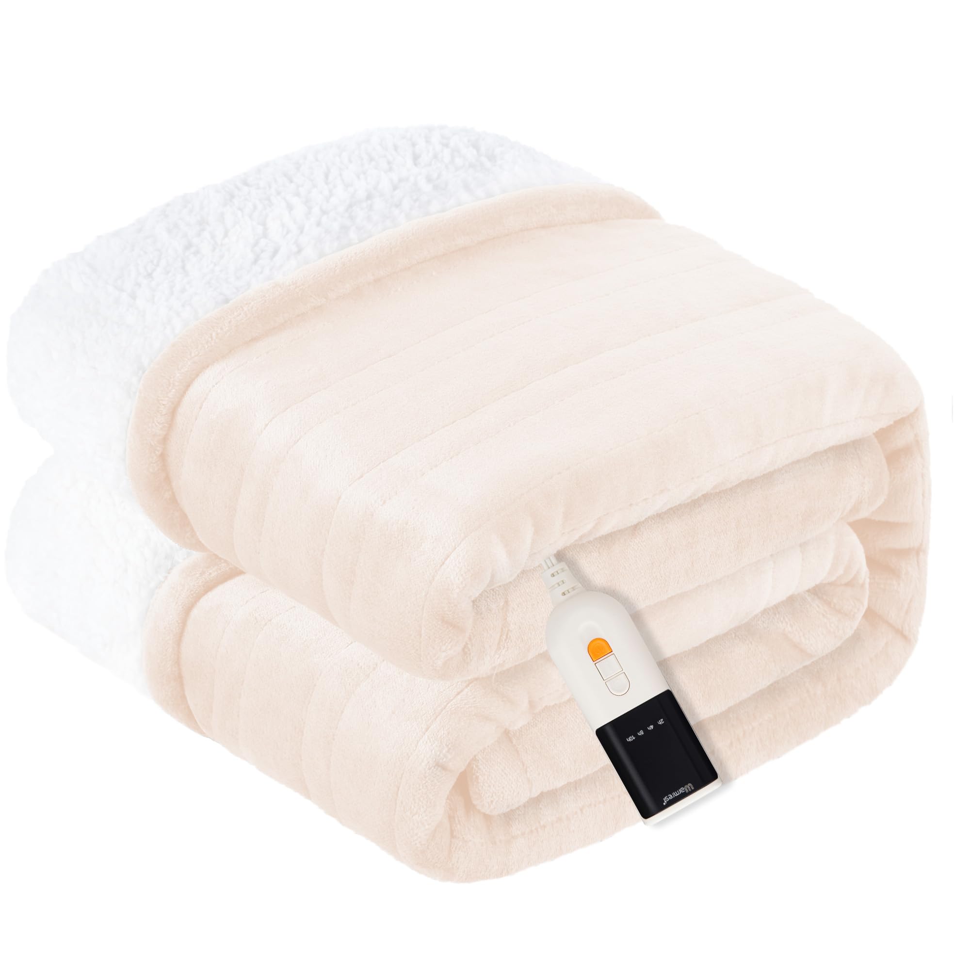 Photo 1 of Warmrest Heated Blanket Electric Throw Soft Flannel Sherpa, 6 Heat Levels Fast Heating, 2 to 10 Hours Auto-Off Detachable Controller Machine Washable, Beige 50"x60"