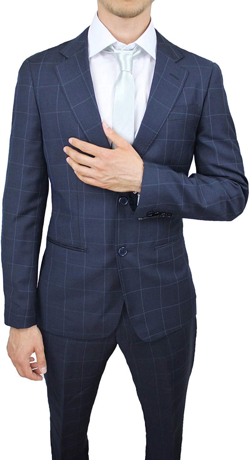 Abito Completo Uomo Sartoriale Blu Fantasia Quadri Slim Fit Elegante Amazon It Abbigliamento