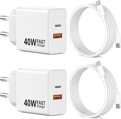 40W Chargeur Rapide pour iPhone 17 Pro Max 17 Air iPhone 16 15 Pro Max Plus 16e, iPad S25 S24 Ultra S23/S22 S21 S20,Dual Ports USB A and C Prise Chargeur Adaptateur Et 2M Cable C vers C Câble(2Pack)