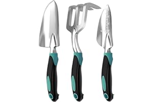 INNOSURG Garden Tool Set, Garden Trowel and Rake, Heavy Duty 3 Piece Gardening Tools, Non-Slip Rubber Grip, Outdoor Hand Tools, Essential Tool Set for Gardening Gifts for Mother Father Men Women Gardeners