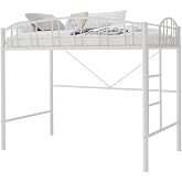 FinerFurnis Loft Bed Twin Size,Heavy Duty Metal Loft Bed with Arched Guardrail &amp; Safety Ladder,Space Saving Modern Design, No Box Spring Needed,White