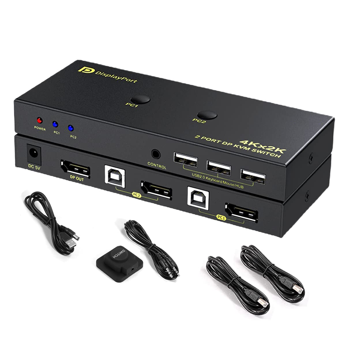 Photo 1 of DP KVM Switch 1 Monitors 2 Computers, 2 Port Displayport KVM Switch Share USB 2.0 Devices with 3 USB Hub for 4K@60Hz, 2K@144Hz, 2K@120Hz with Extension Control Switch and 2 USB Cable