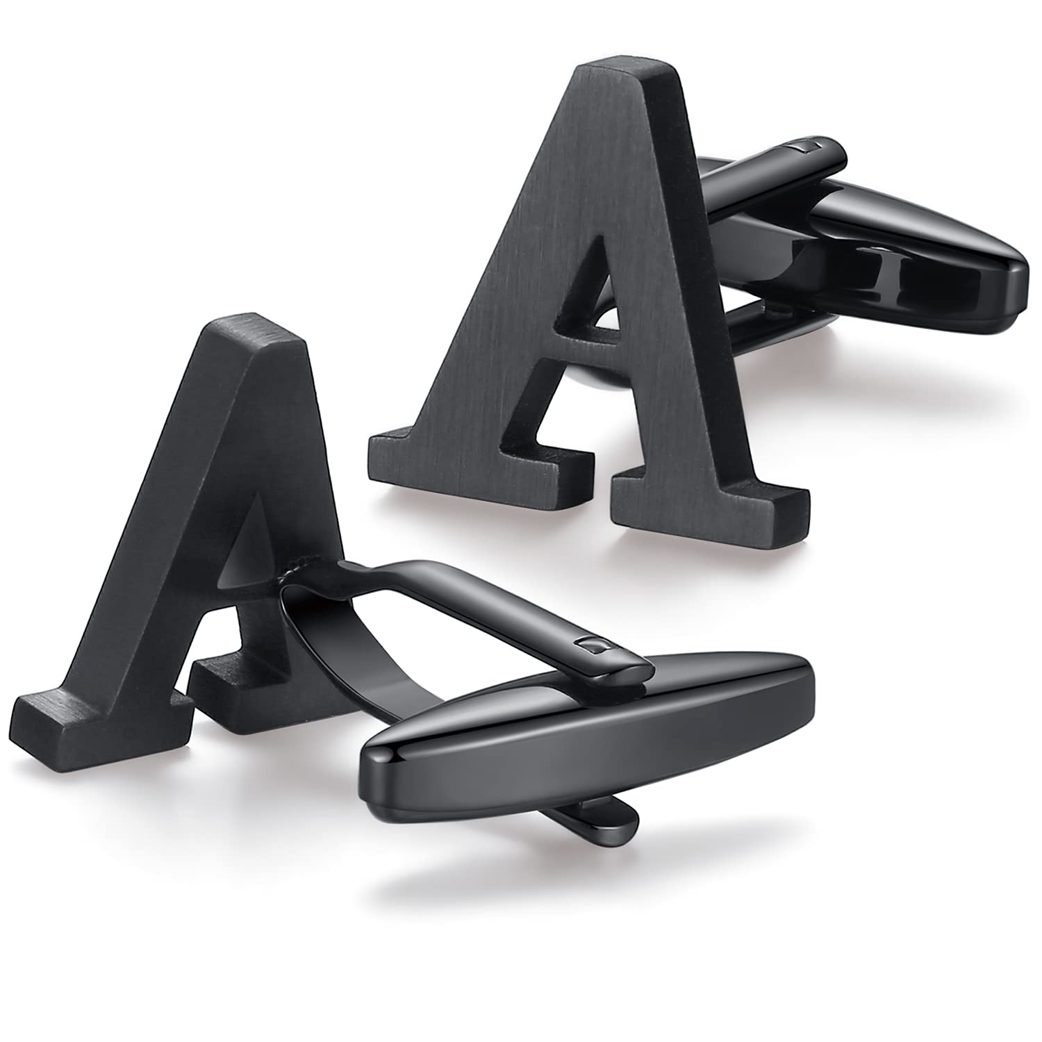 HONEY BEAR Mens Initial Alphabet Letter Cufflinks,Stainless Steel for Wedding Formal Business Gift(A-Black)