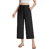 KICZOY Womens Linen Pants Casual Ruffle Waist with Drawstring Summer Capri Pant with Pockets