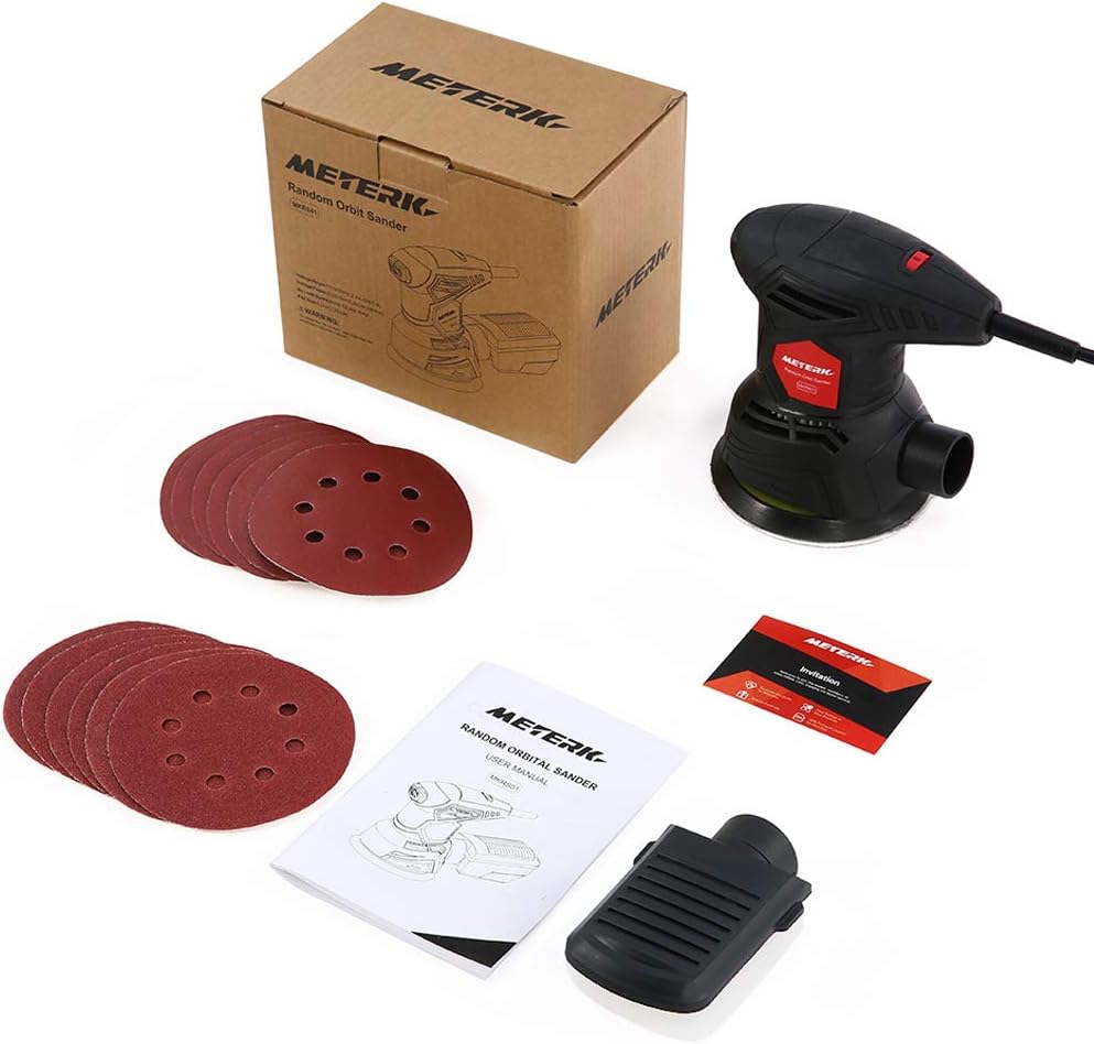 Meterk 5 Inch Random Orbit Sander 2.5A Orbital Sander with 12Pcs Sandpapers, 12000RPM, 6 Variable Speed, Efficient Dust Collector, Ideal for Finishing, Sanding, Polishing Wood - - 