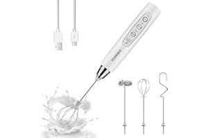 YUSWKO White Handheld Milk Frother Wand for Coffee, Rechargeable Electric Whisk with 3 Heads 3 Speeds Drink Mixer Coffee Frother For Latte, Cappuccino, Hot Chocolate, Egg