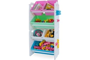 UNiPLAY Toy Organizer with 6 Removable Storage Bins, Multi-Bin Organizer for Books, Building Blocks, School Materials, Toys with Baseplate Board Frame (Pink)