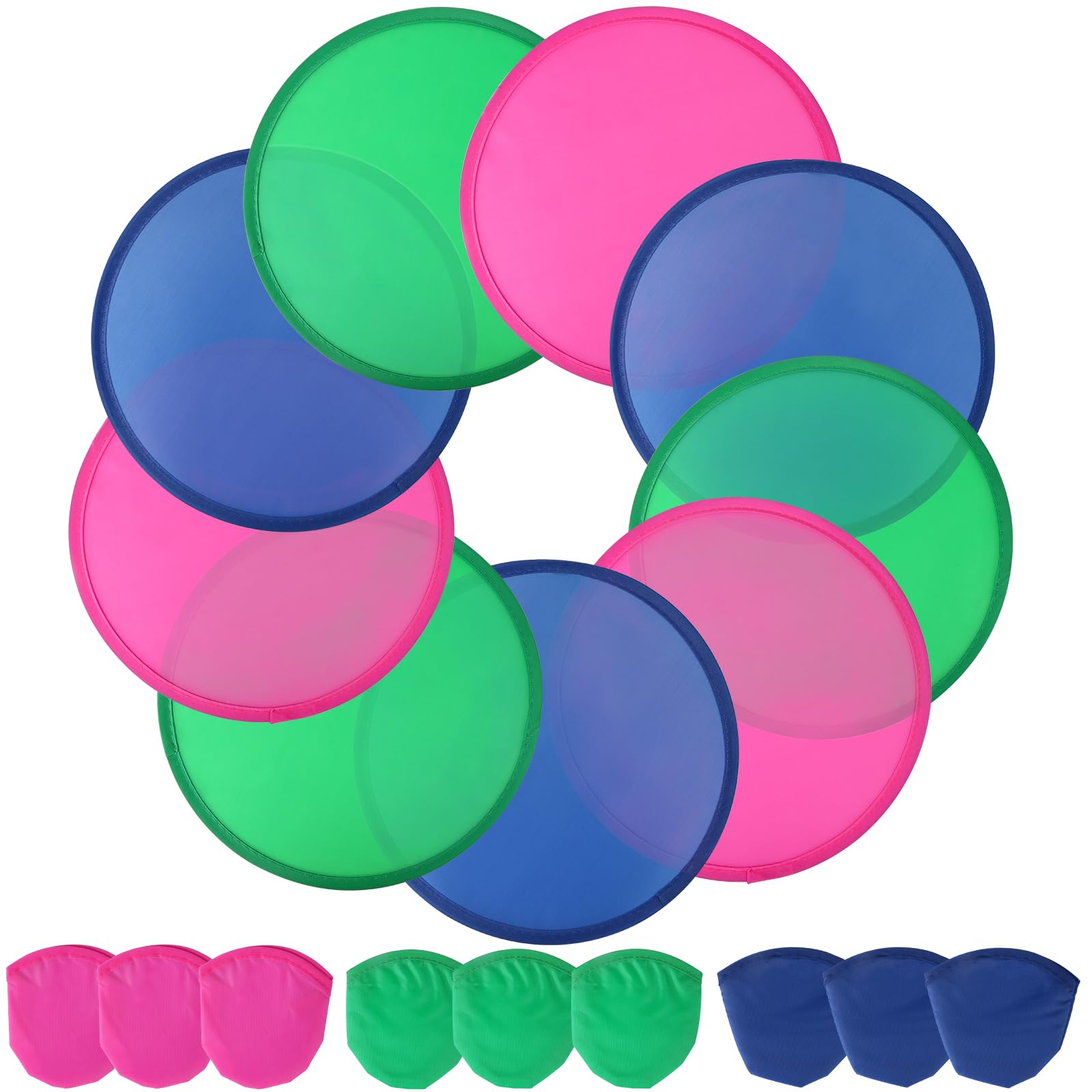 TOSAMZOO 9 Pieces Foldable Flying Disc or Fan with Storage Bag Assortment Fans Set Beach Flying Disc- 9.8" Foldable Flying Disc, 3 Colors