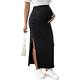 OYOANGLE Women's Maternity Ribbed Knit Skirt High Waisted Side Split Pregnancy Midi Pencil Skirt