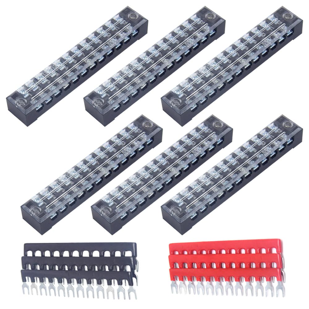 CEEYSEE 12pcs(6 Sets) 12 Positions Dual Rows Covered Screw Terminal Block 600V 15A + 6Pcs 12 Positions Pre-Insulated Black/Red Fork Terminal Barrier Strip 400V 15A (TB1512)