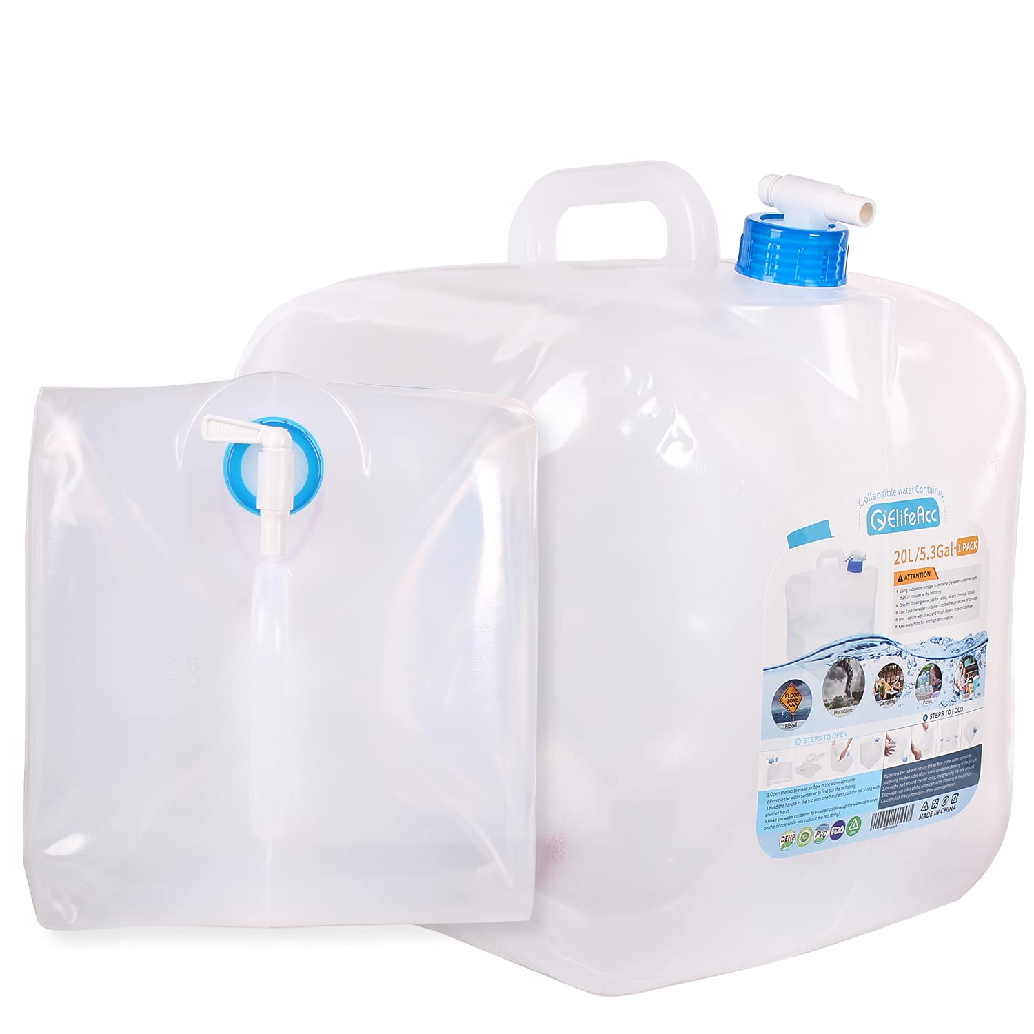 ElifeAcc BPA Free Collapsible Water Container with Spigot, Camping Water Storage Carrier Jug for Outdoors Hiking Hurricane Emergency, Foldable Portable SGS Water Canteen (1Pack-5Gallon/20L)