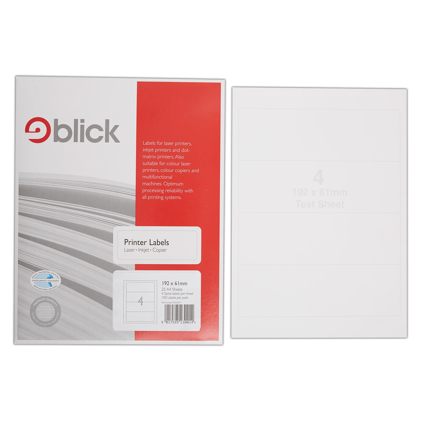 Blick Labels, White, 4 Up, Rectangular, 192mm x 61mm, 400 Labels, for Home, Office, Family, School