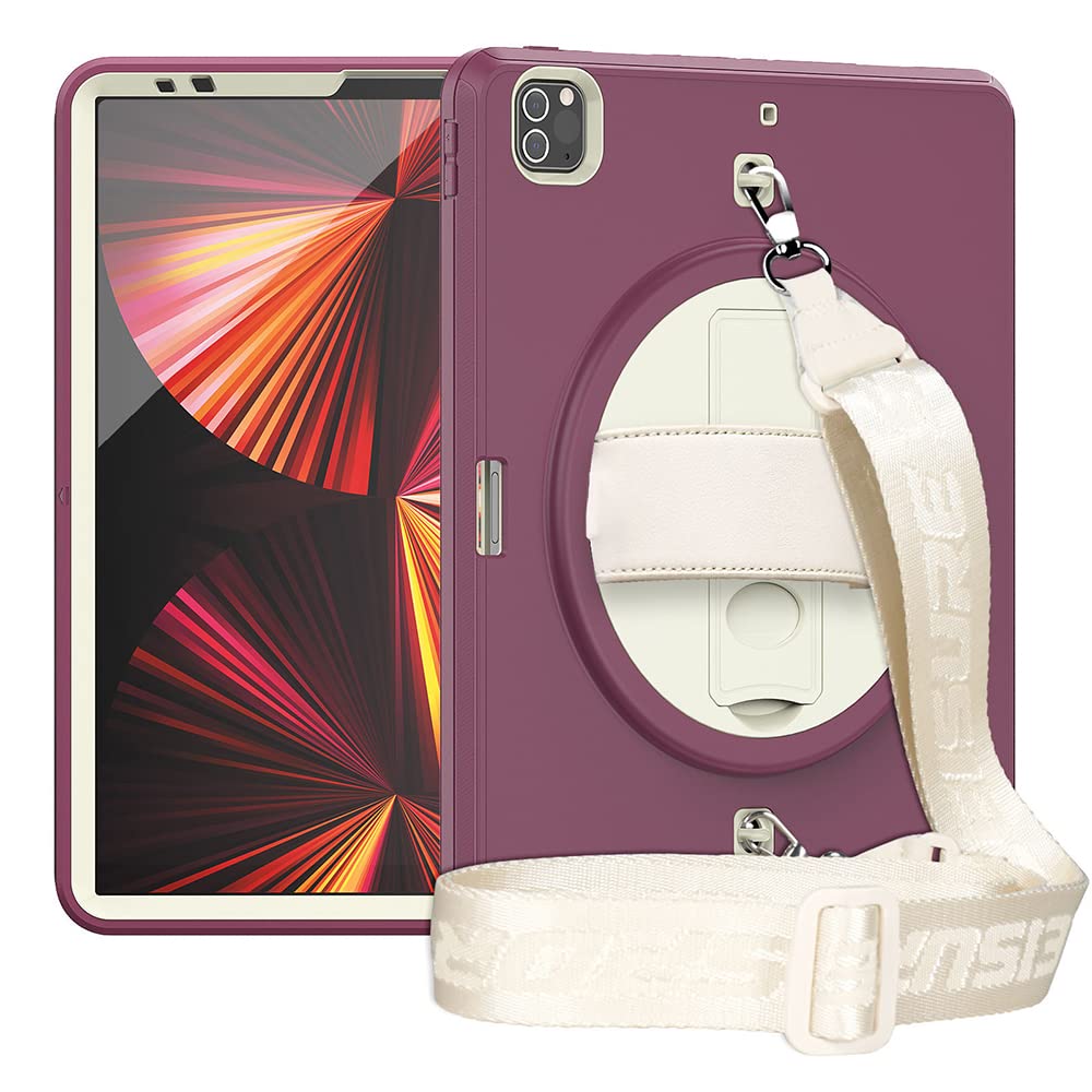iPad Pro 12.9 Inch Case (2021/2020/2018) with Shoulder Strap, Heavy Duty Case for iPad 5/4/3rd Gen with 360 Degree Rotating Stand, Dark Red+White