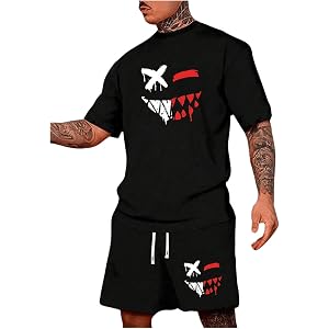 WDIRARA Men's 2 Piece Short Sets Graphic T Shirts and Drawstring Shorts | Graphic Print,Short Sleeve,Elastic Drawstring,Casua