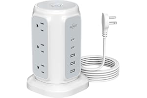 Flat Plug Power Strip Tower with 9 Outlets and 5 USB Ports (2 USB C), AiJoy 1200J Surge Protector Tower with 6.5 Feet 1625W/13A Extension Cord with Multiple Outlets for Home Office Dorm