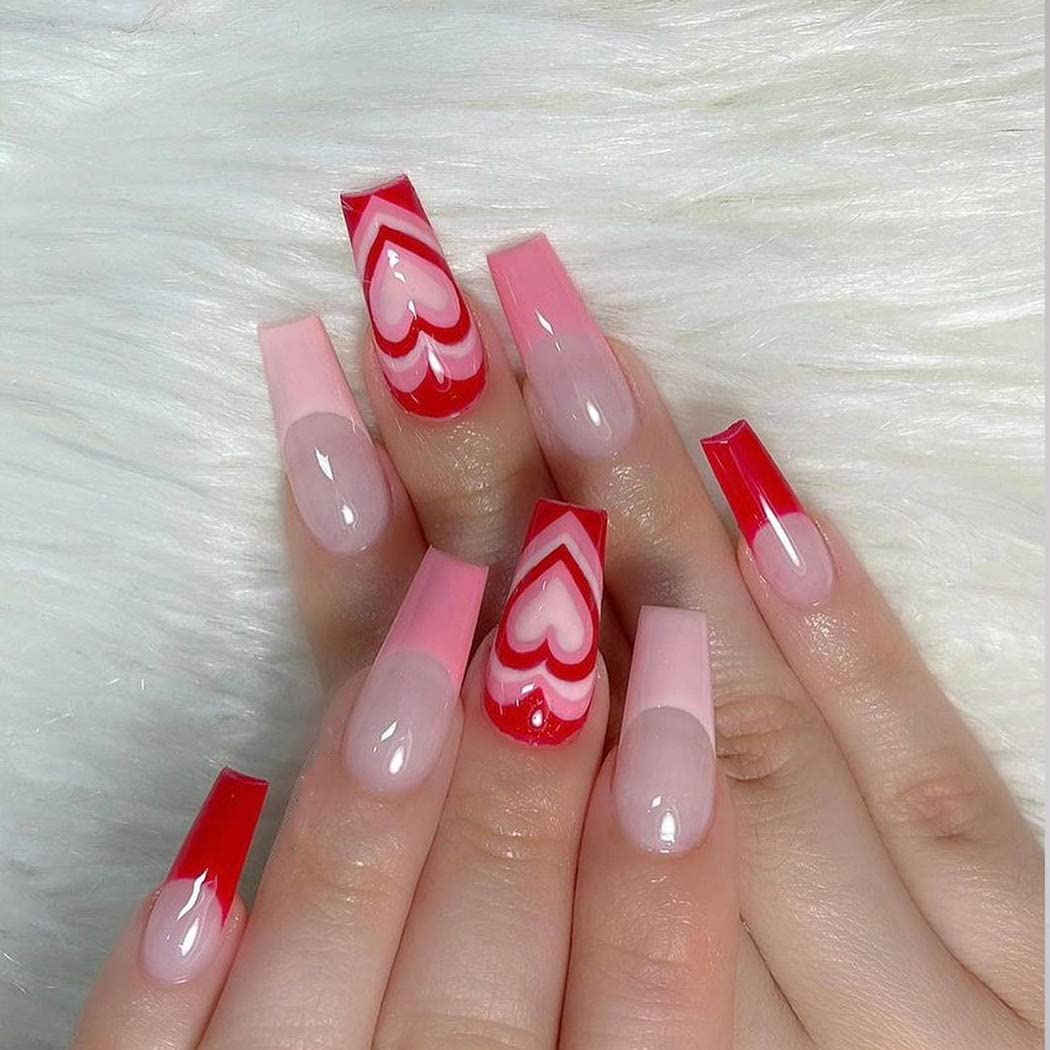 Vatocu Coffin Glossy False Nails Long Red Pink Press on Nails French Heart Fake Nails Nude Full Cover Ballerina Acrylic Stick on Nails for Women and Girls（24pcs）