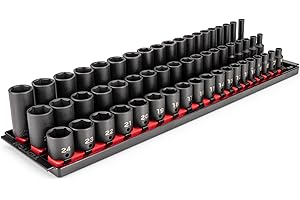 TEKTON 3/8 Inch Drive Shallow, Semi-Deep, and Deep 6-Point Impact Socket Set with Rails and Trays, 57-Piece (6-24 mm) | SID91