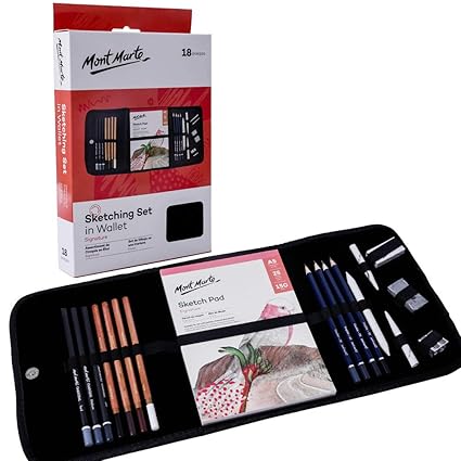 Mont Marte Signature Sketching Set In Soft Case 18 Piece Includes Charcoal Pencils Graphite Pencils Blending Tools Erasers Sketching Pad And