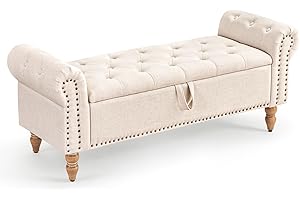 Furniliving 51” Storage Benches, End of Bed Bench with Button-Tufted Large Upholstered Storage Ottoman Linen Window Bench with Storage Shoe Cabinet Bench, for Bedroom, Entryway, Closet, Beige