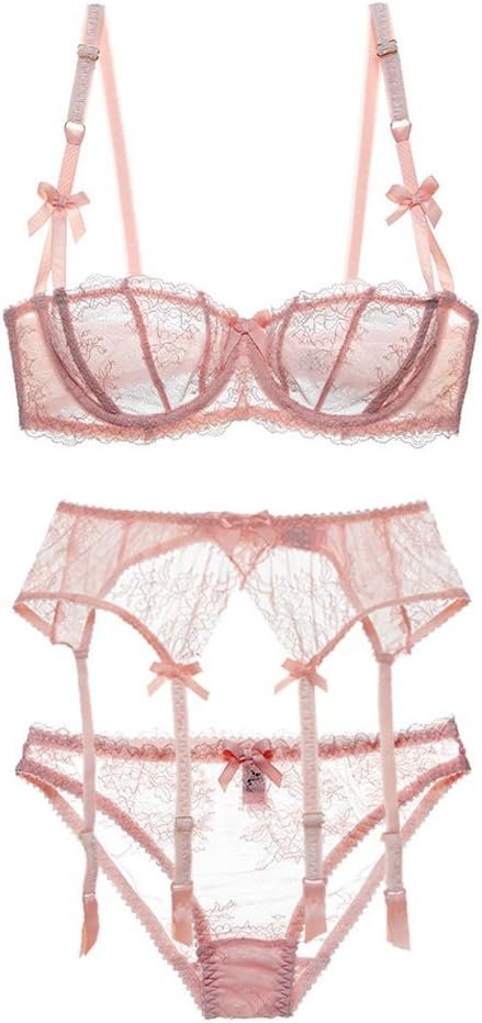 Varsbaby Women Lovely Lace Unlined Balconette Bra and Panty Set with Garter 4 Pieces