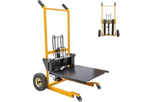 MMS Foldable Hydraulic Material Lift Winch Stacker, 450 Lbs 35.8" Max Lift w/ 9" Wheels 360° Swivel Casters, Pallet Truck Dolly, Fork Lift Table Cart, Pallet Jack, Removable Platform, Adjustable Forks