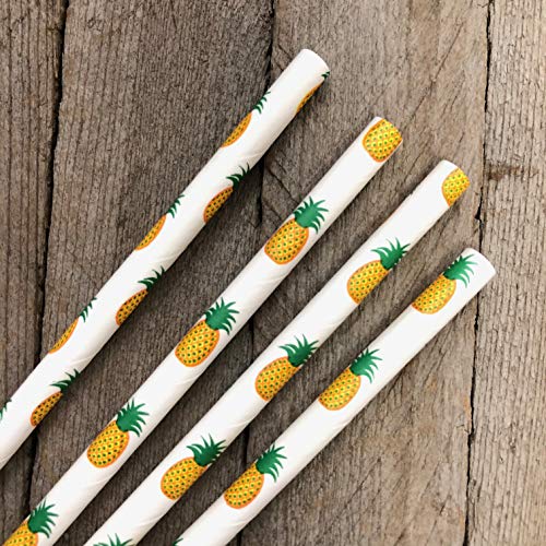 Pineapple Theme Paper Straws - Yellow Green White - Hawaiian Luau - 7.75 Inches - 100 Pack - Outside - //coolthings.us