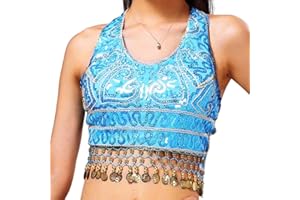 GRAEEN Belly Dance Sequin Crop Top Coin Tassel Rave Carnival Costume Bra Tops for Women