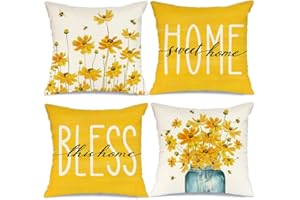 GEEORY Pillow Covers 18 x 18 Set of 4 Yellow Floral Mason Jar Home Sweet Home Spring Summer Pillows Decorative Throw Pillows Cushion Case Floral Decorations Farmhouse Decor for Couch Sofa
