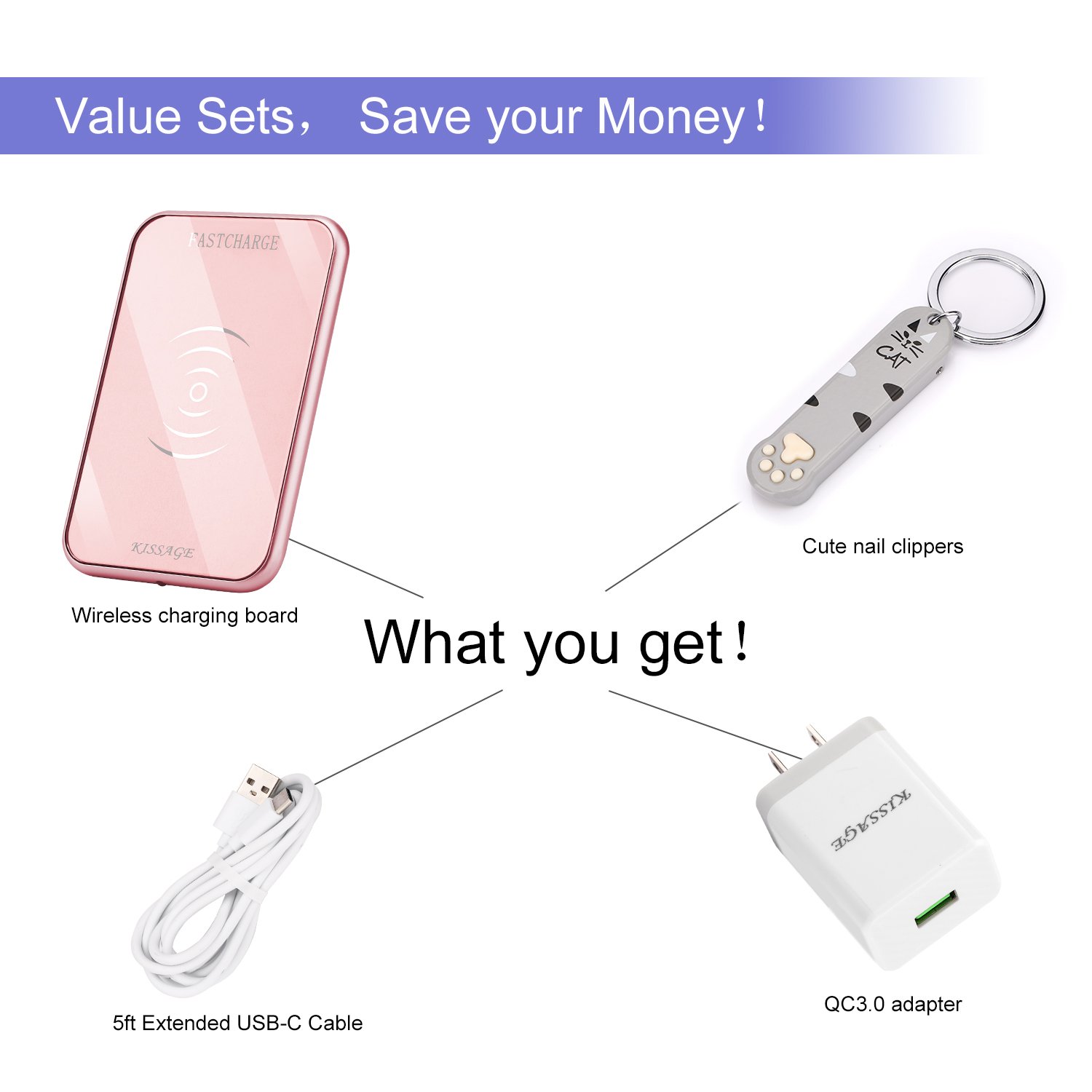 Wireless Charger, KISSAGE Ultra-Slim Premium Qi Wireless Charging Pad for Samsung Galaxy S9/S9 Plus/S8/Note 8/5/S7, 7.5W Charge base for iPhone X/8/8 Plus Built-in Mirror (Pink)