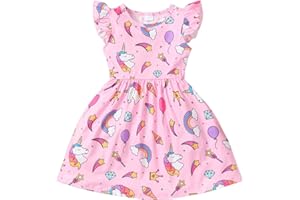 AKYZIC Baby Girls Dress Unicorn Casual Flutter Sleeve Swing Sundress Birthday Party Summer Playwear Dresses 1-8 Years Old