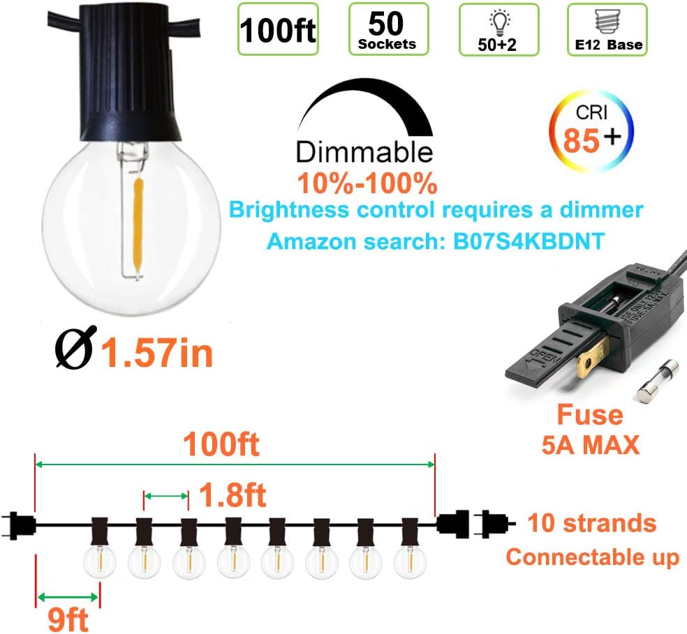 Newpow Outdoor String Lights 100ft with 50+2 Spare Dimmable Shatterproof Waterproof LED G40 Globe Bulbs - Clear Plastic, 1W 60LM 2200K Warm Glow for Indoor/Outdoor Decoration and Lighting -Black Wire: Home Improvement
