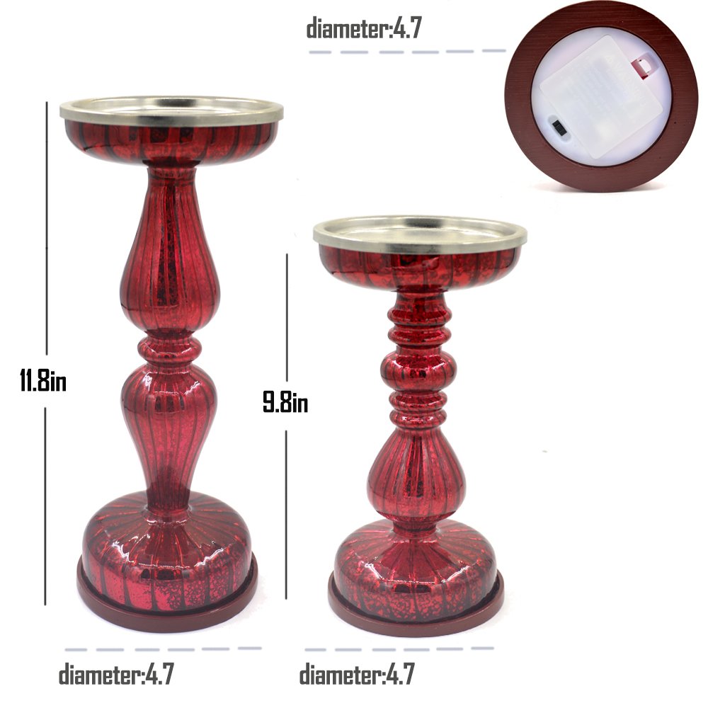 Dolucky Illuminated Mercury Glass Pedestal Pillar Candle Holder Set of 2 Red