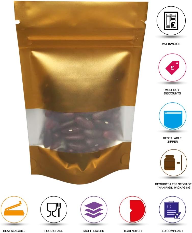 RIGHTPAK Window Gold Matt Stand Up Pouches 50 Pieces 8cm x 13cm with Resealable Zipper and Tear Notch for Food Packaging Heat Sealable pouch Bags - Image 5