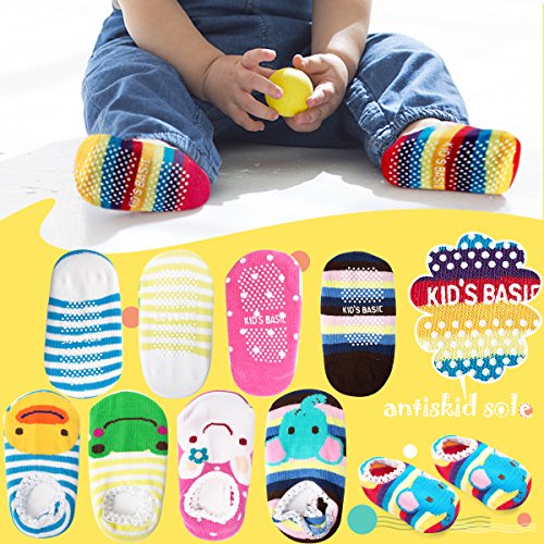 CIEHER 5 Pairs Cute Animal Stripes Non-Skid Baby Slipper Socks with Grip for 6-20 Months Baby Infants Toddler, 5 Cute Colors - Thumbnail 6
