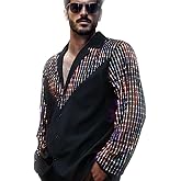 AIBEIX Mens Mesh Sequins See Through 70s Disco Long Sleeve Button Down Shirts
