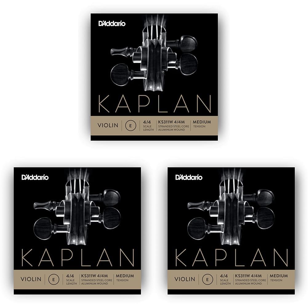 D'Addario Kaplan Non-Whistling Violin String - Single E String - KS311W 4/4M - Violin Strings - 4/4 Scale, Medium Tension, (Pack of 3)