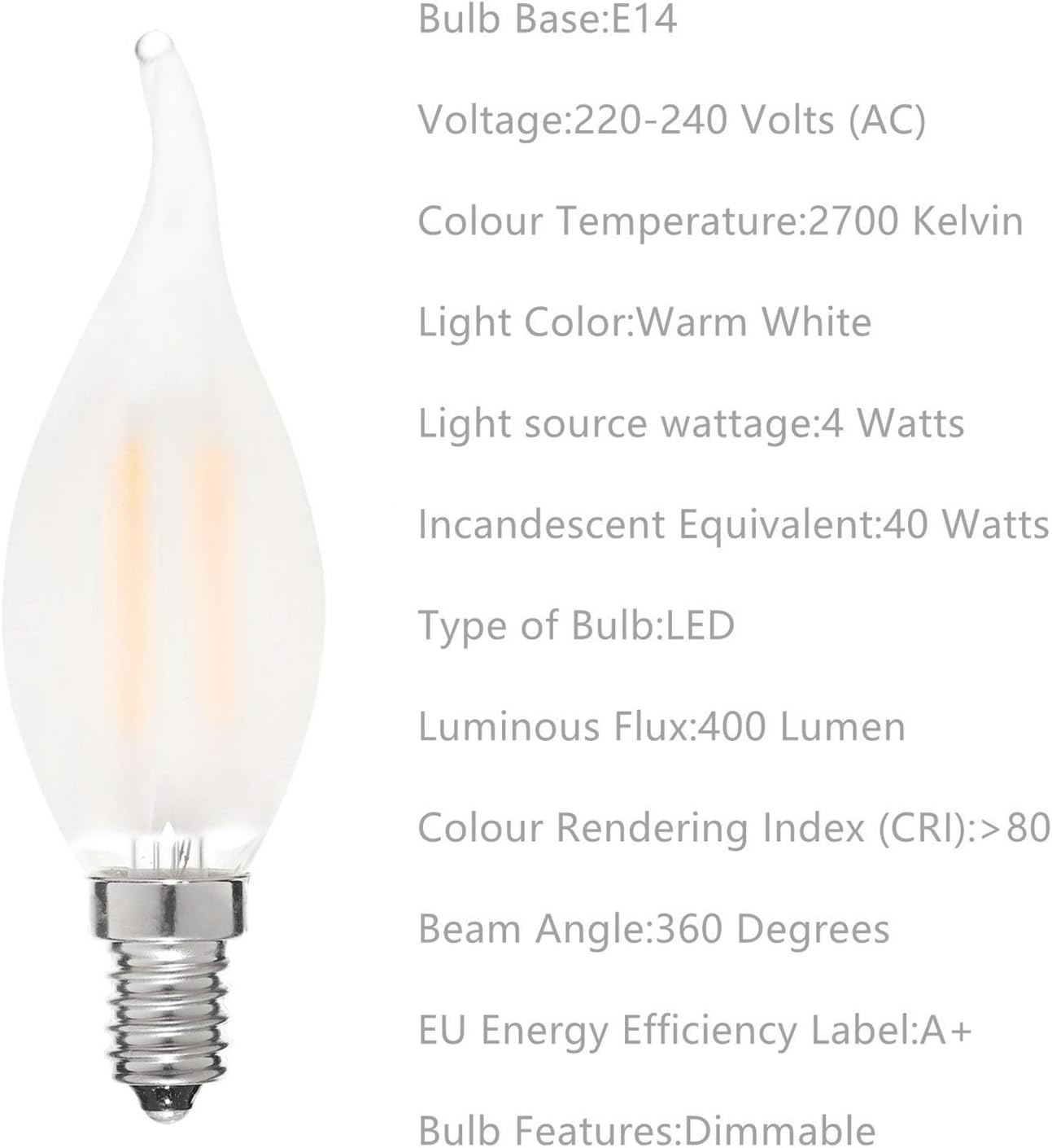 6 Pack Dimmable E14 Bulb LED Candle Light Bulb 4W 220V Frosted Flame Lamp Glass C35 360 Degrees Beam Angle Vintage Edison Home Chandelier Bulb Warm White 2700K - Image 5