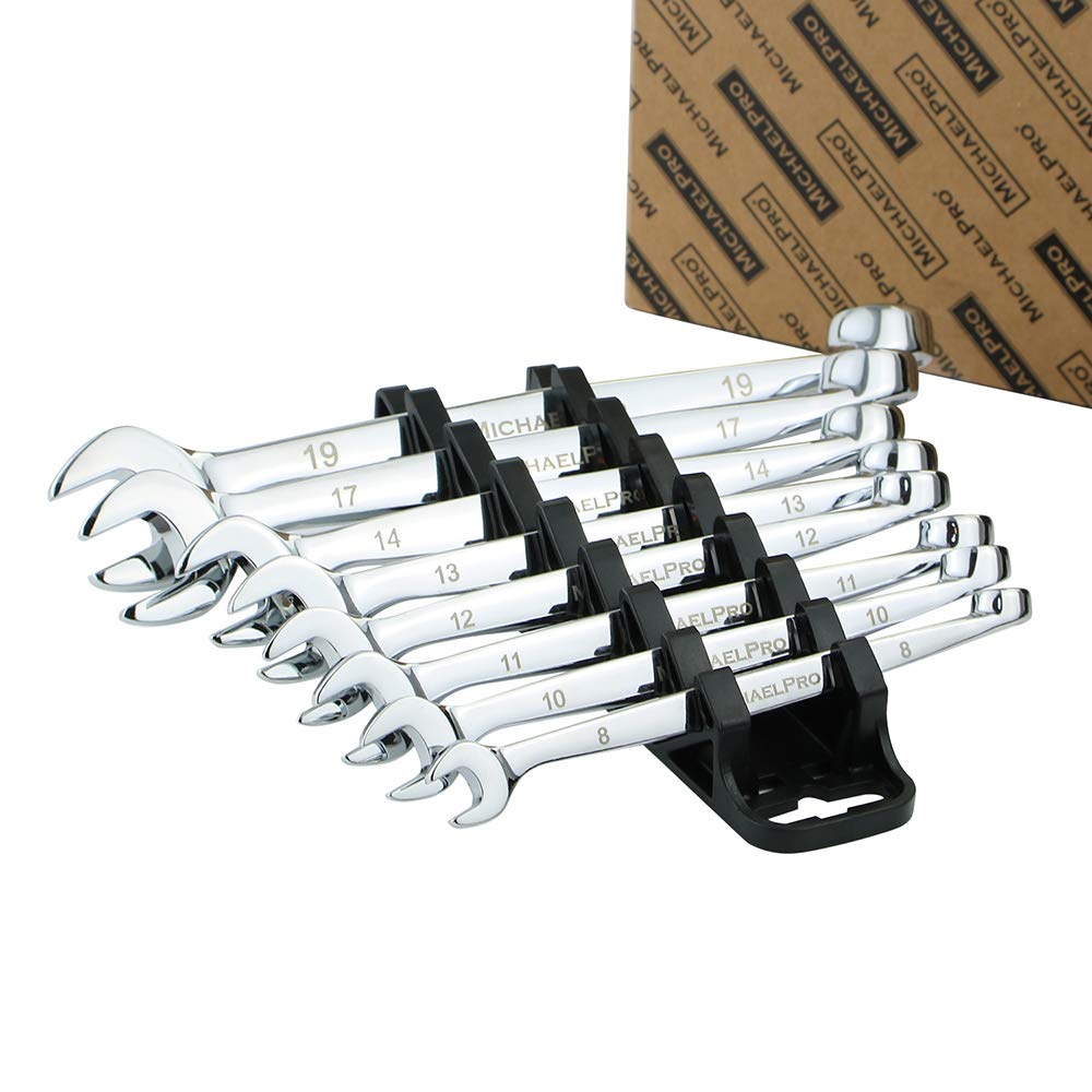 MichaelPro MP001015 8-Piece Combination Spanner Set, Spanner Sets, Spanners & Wrenches, Patented Spiral Grip Design, 15 Degree Offset Wrench Set at Open End, Metric Spanner Set for Mechanic