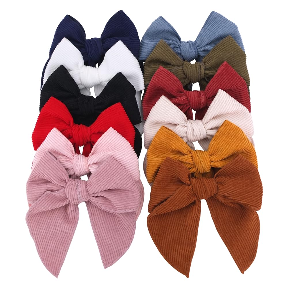 Fable Bow Hair Clips Baby Girls Women Cotton Linen Hair Bow Barrettes Large Sailor Hair Bows Accessories Hairgrips (Vel Corduroy 12 Pack)