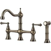 Bridge Kitchen Faucet with Side Sprayer, WOWOW Solid Brass Kitchen Faucet for Sink 4 Hole Antique Bronze Kitchen Sink Faucet,