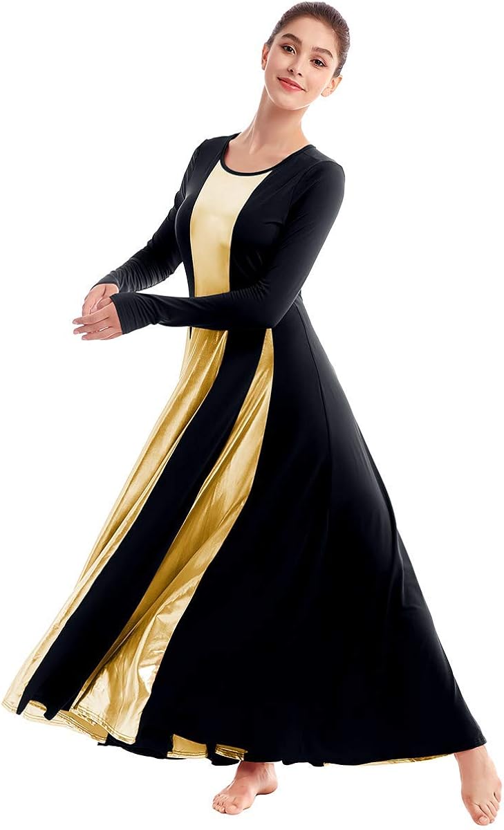 IBAKOM Womens Liturgical Praise Lyrical Dance Dress Loose Fit Full Length Metallic Color Block Long Sleeve Worship Costume: Clothing