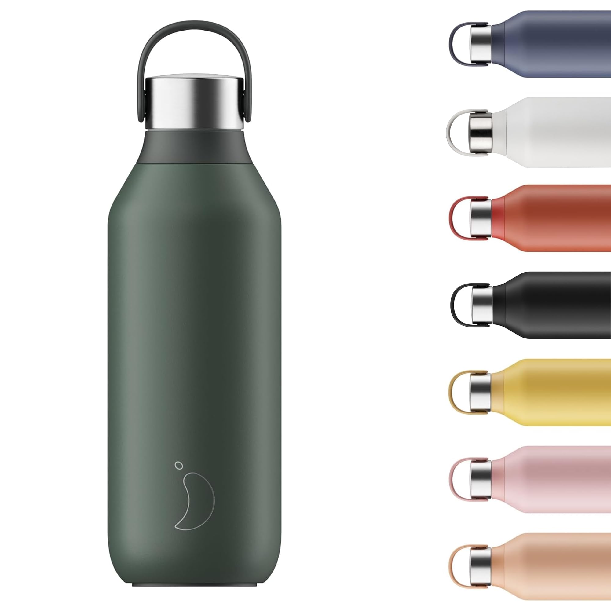 Chilly's Series 2 Water Bottle - Vacuum Insulated Stainless Steel Water Bottle with Soft Collar & Carry Loop, Thermal Flask for Hot & Cold Drinks - Leak Proof, No Sweat - Pine Green, 500ml