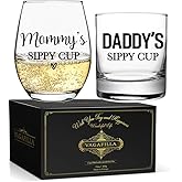 Vagafilla Mommy Daddy's Sippy Cup Engraved Wine & Whiskey Glass Gift Set 15oz, Funny Gag Mother’s Day Father's Day Birthday Christmas Thanksgiving Valentines Gift for Daddy Mommy Wmen Men-84