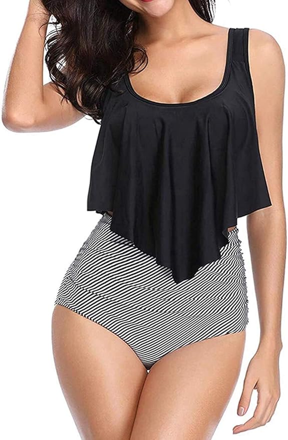 Damen Bikini Set Blumendruck Volant Hohe Taille Tankini Set Bademode