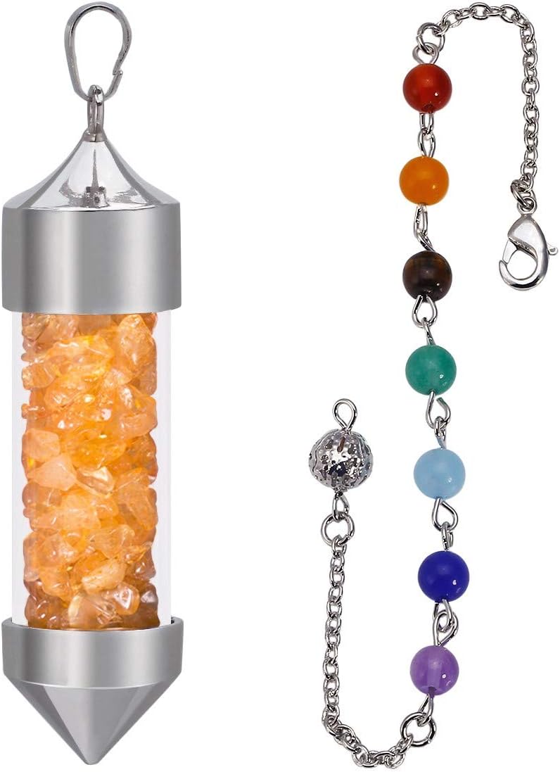 SUNYIK Stone Chip Wish Bottle Pendant with Necklace for Unisex, 7 Chakra Stone Chain Pyramid Point Pendulum Healing Dowsing Reiki