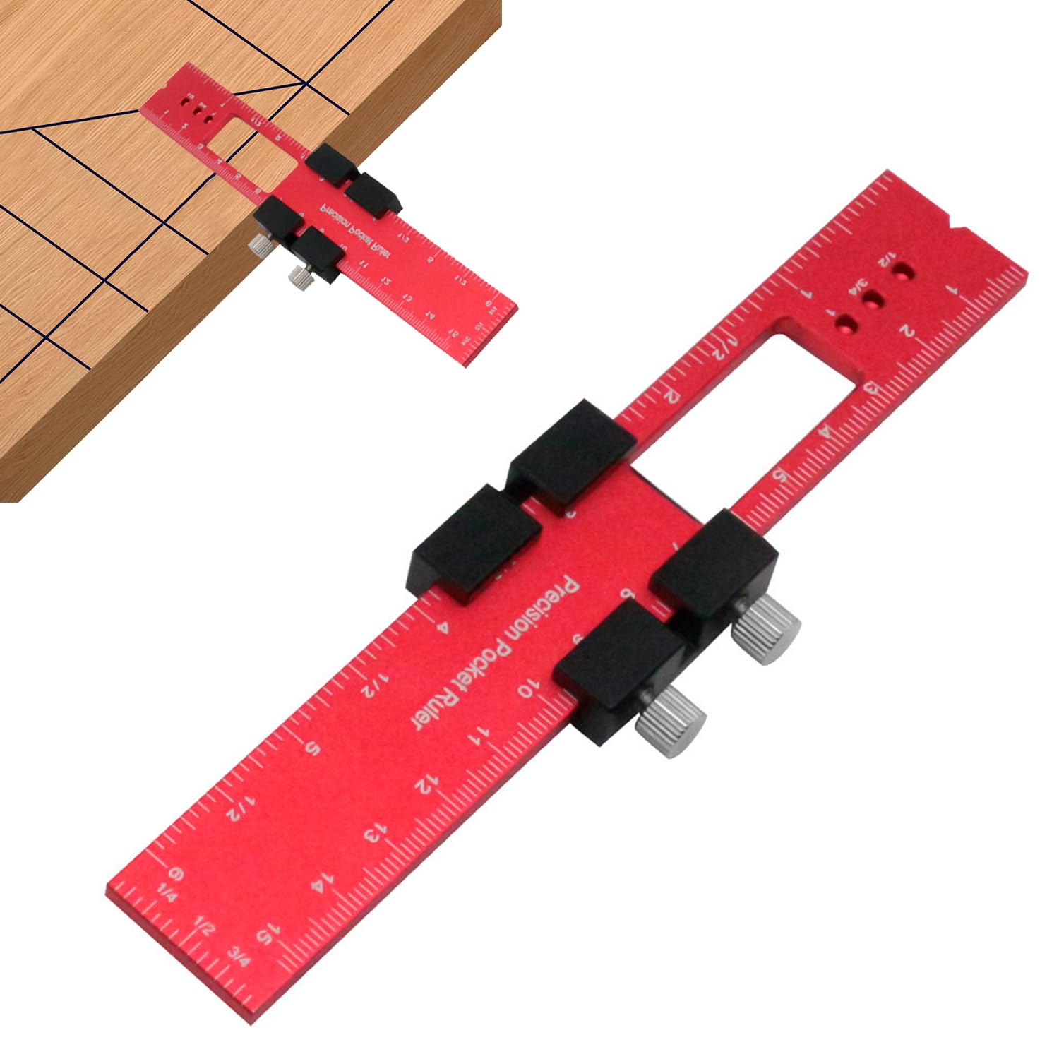 Tissting Woodworking Ruler 6 Inch, Aluminum T-Ruler with Slide Stop, CNC Precision Scribing Ruler Metric Inch, 45/90 Degree Marking Measure Tool for Woodworker Engineers DIY