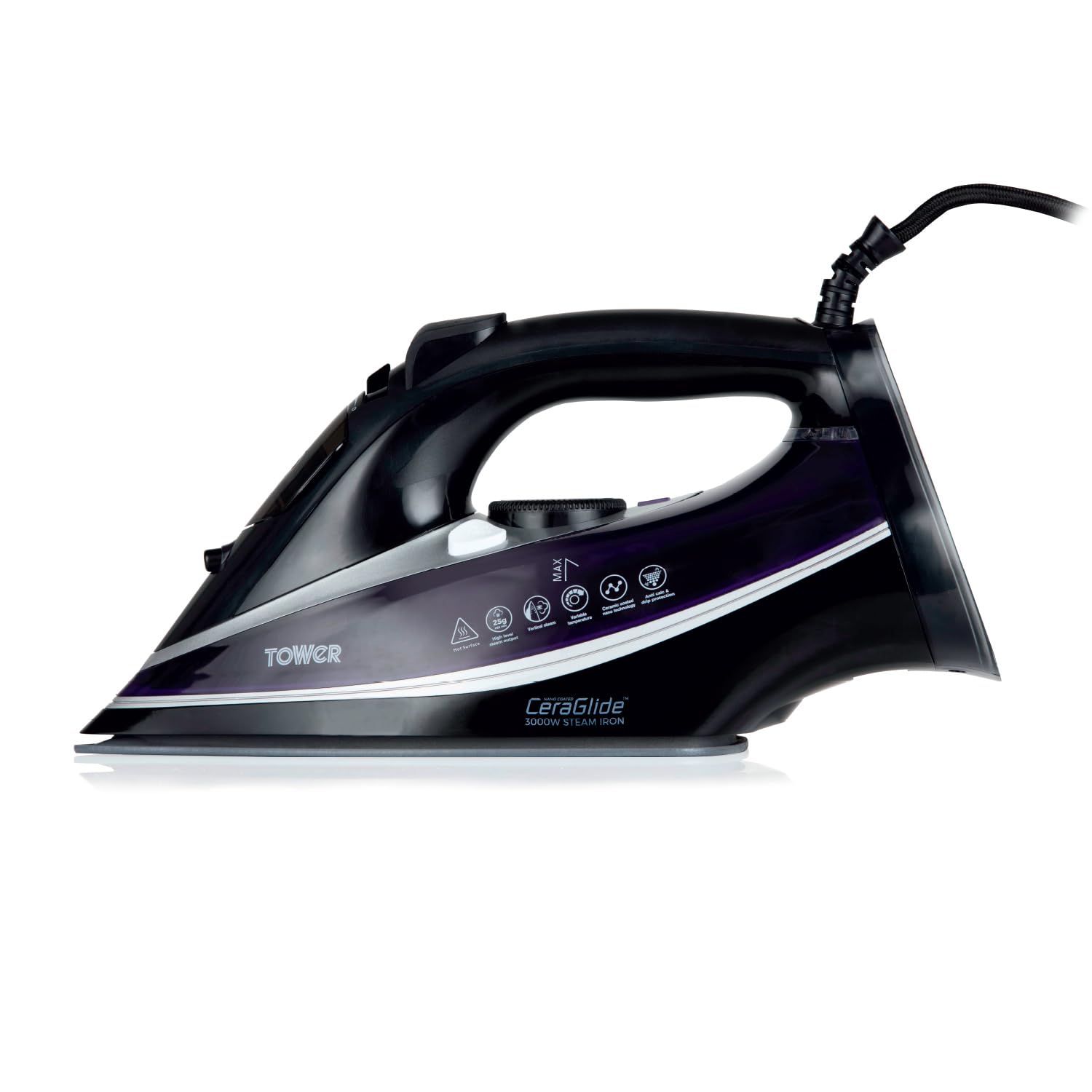 Tower Ceraglide Ultra Speed Iron with Ceramic Soleplate, 3100W, 360ml Water Tank, 40g Continuous Steam, 180g Steam Boost, Anti-Drip & Self-cleaning Function, Purple, T22013PR