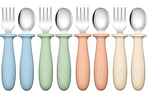 DRKIO 8 Pieces Toddler Utensils Set - Kids Silverware Set with Silicone Handle Children Safe 18/8 Stainless Steel Forks and Spoons Anti-Choke Design Food Grade Dishwasher Safe