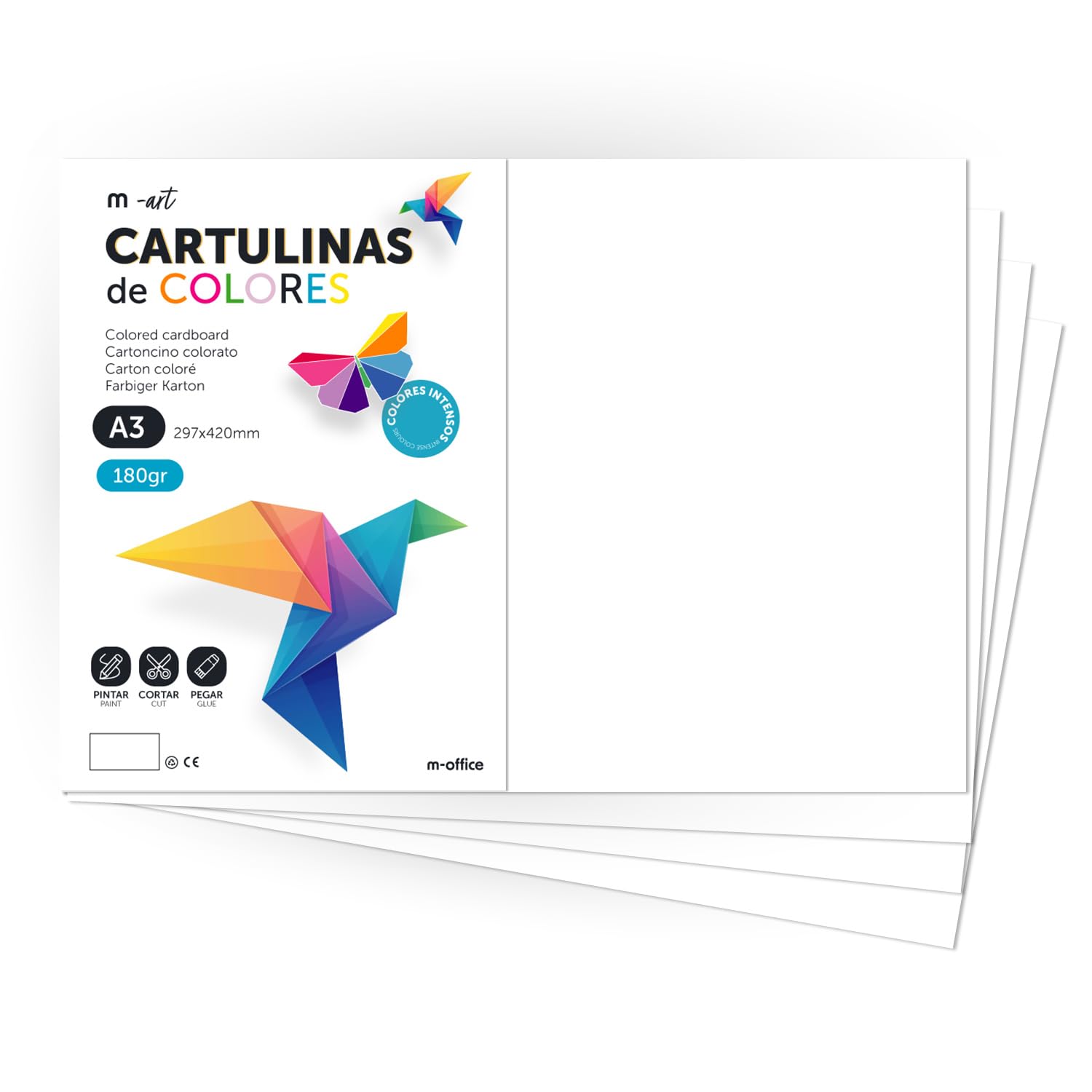 Cartulina de Colores, Cartulina A3, Folios Colores 180 g, Bloc cartulina Colours intensos, Ideal para Manualidades, Imprimir Tus Documentos y Diseños Creativos · m-office (25 Hojas, Blanco)
