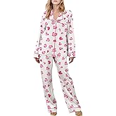 VFURYGD Women Heart Print Pajamas Set Satin Silky Pjs Long Sleeve Button-Down Sleepwear Soft Comfy Loungewear